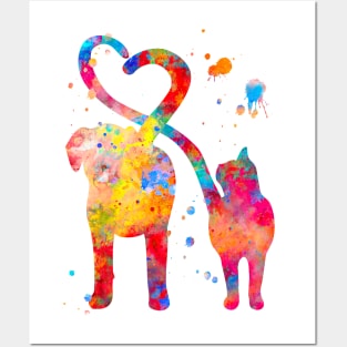 Cat and Dog With Heart Tails Watercolor Painting Posters and Art